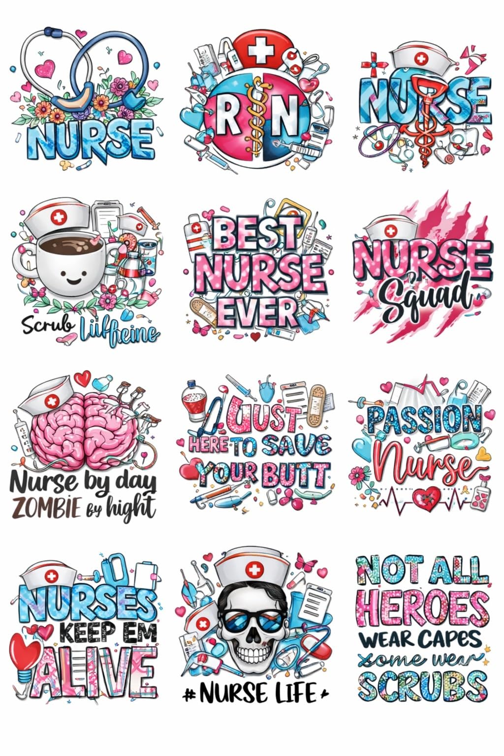 Nurse Themed UV DTF Transfer Stickers, 12 Pattern Waterproof Decals for Tumblers, Mugs, Water Bottles, 2.5 Inch DIY Craft Wraps
