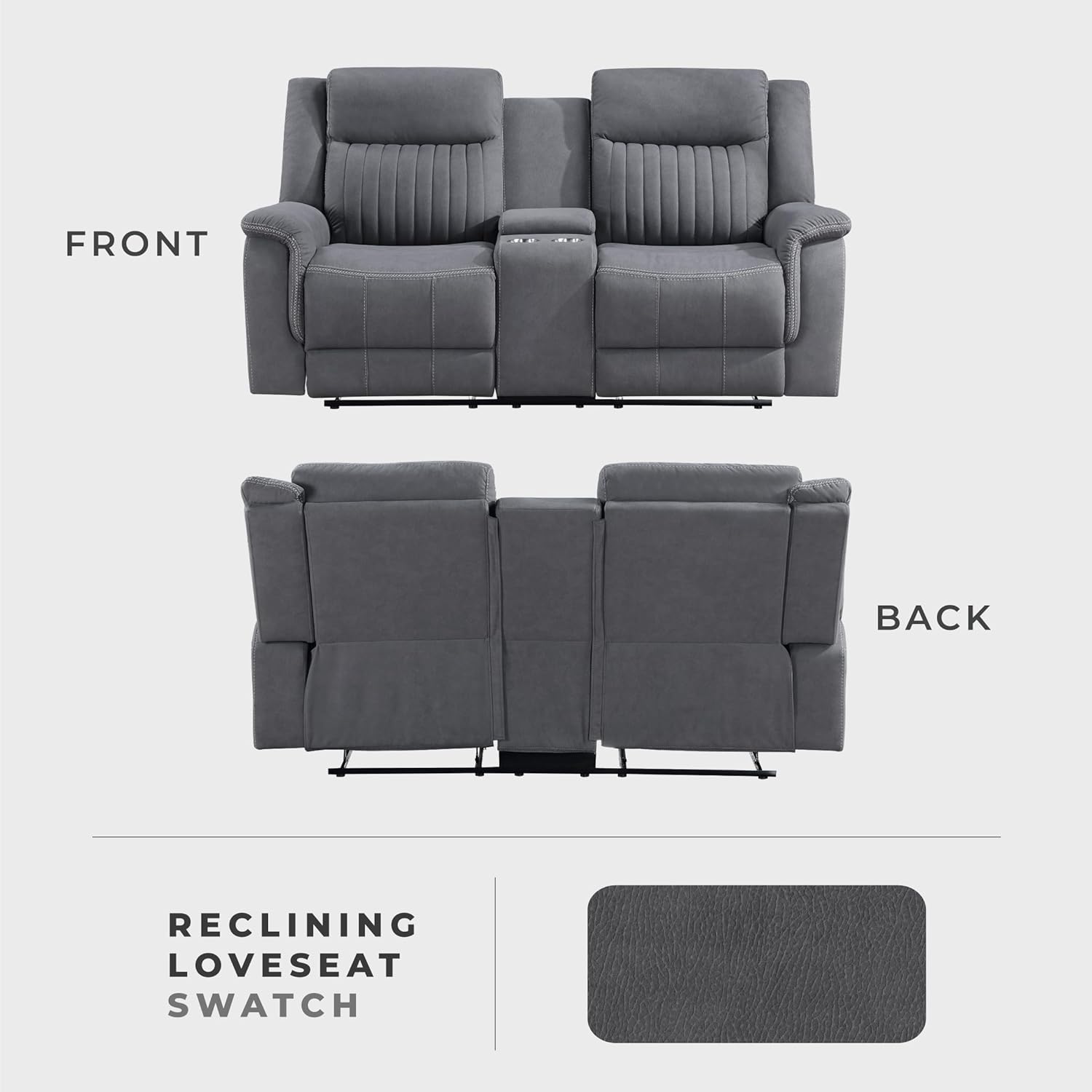 Lexicon Manual Double Reclining Loveseat, Polished Microfiber Manual Wall Hugger Loveseat Recliner for Living Room, Center Storage Console/Cup Holders, Easy Assembly, Gray
