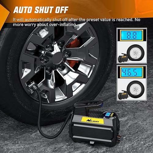Miniatura 5 de Compresor de aire portátil Nilight para neumáticos de automóvil de 12V DC con manómetro digital 150PSI Bomba de neumáticos automática con luz LED