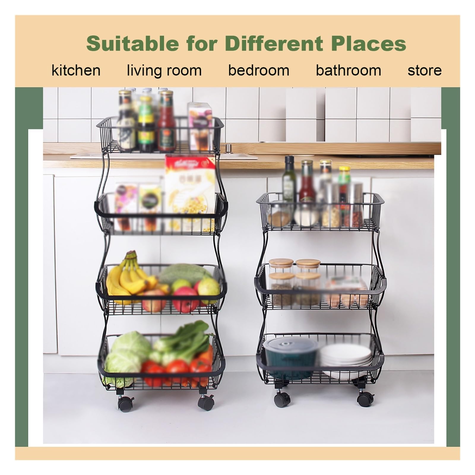 Estante para almacenar bocadillos, cesta para frutas y verduras de 5 niveles para cocina, organizador de alambre de metal apilable, soporte para bocadillos de dulces con ruedas, carrito organizador