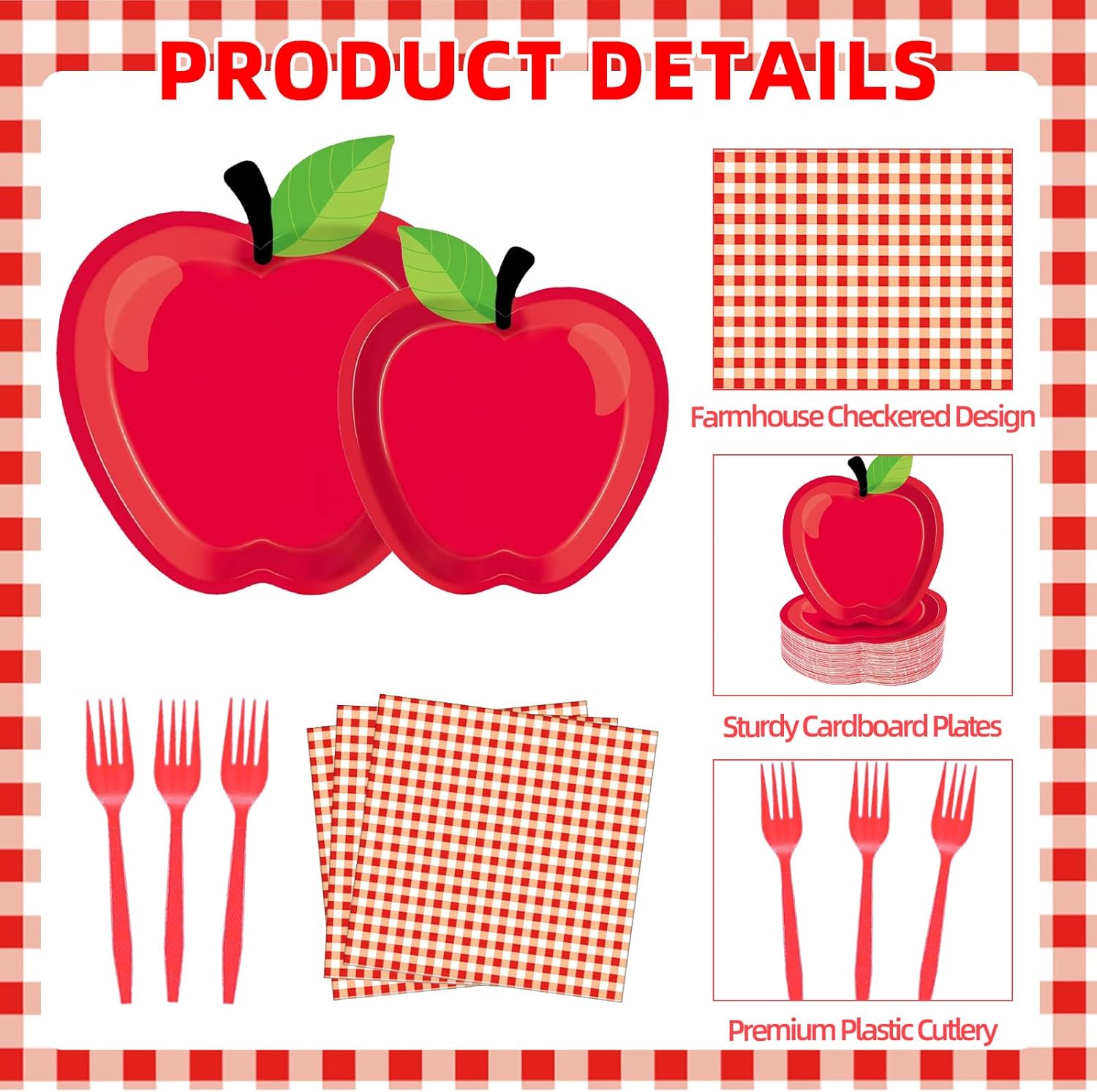 100 Pcs Apple Party Supplies Set, Serves 25 – Disposable Apple-Shaped Paper Plates, Red Gingham Napkins, and Forks, Fruit Themed Tableware for Teacher Appreciation, and Back to School Decorations