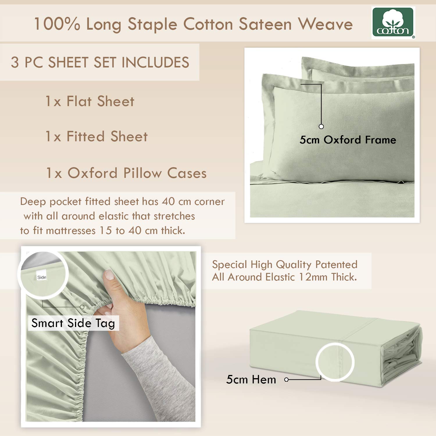 Pizuna 100% Cotton Single Bed Sheet Set Light Sage, 400 Thead Count Long Staple Cotton Bedding Set 180x280 cm, Soft Sateen 3 PC Single Bed Sheet Set - Fitted Sheet, Flat Sheet & 1 Pillowcase - Image 3