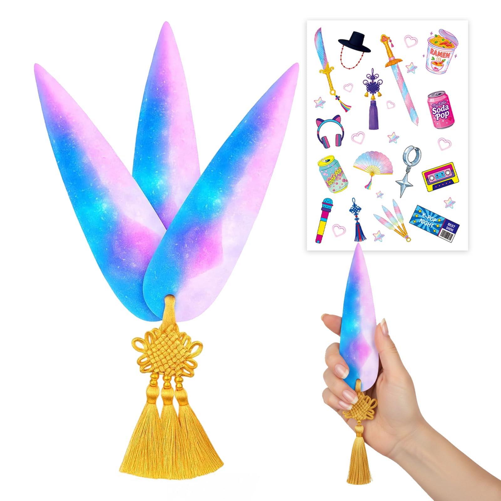 Demon Accessoire – 3-teiliges Hunters Set mit Waffen, goldener Quaste & Tattoo Sticker | Cosplay Requisite & Fantasy Schmuck | Magisches Design für Bühne, Party & Dekoration