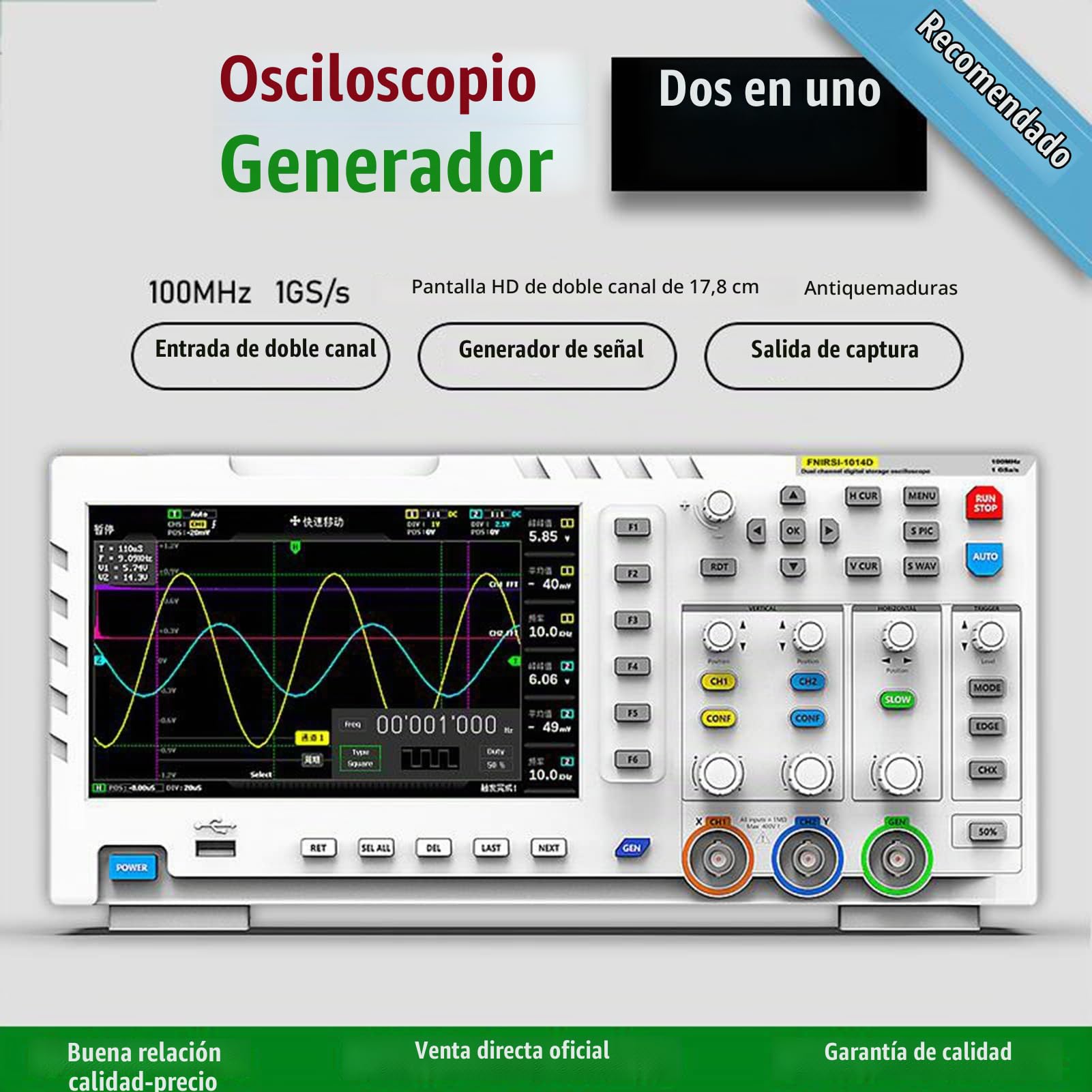 BuyWeek Osciloscopio Digital, 2 en 1 Generador de Señal de Entrada de Doble Canal 100MHz 1GSa/s Osciloscopio de Escritorio Con Interfaz USB