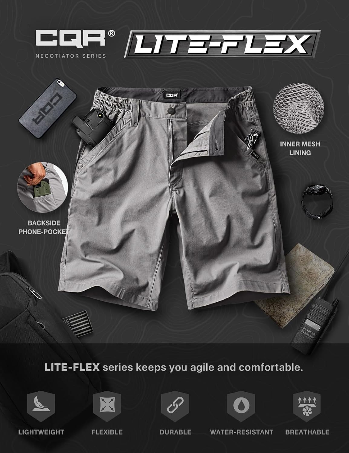 CQR Men's Flex Casual Cargo Shorts, Lightweight Water Resistant Golf Shorts, Stretch Tactical Work Shorts with Multi-Pocket - Image 8