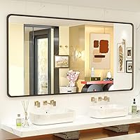 Vista 21 de OKPAL 16x24 Espejo de baño de bronce, espejo de marco de bronce rectangular redondeado, espejo de tocador de baño de bronce cepillado para montar