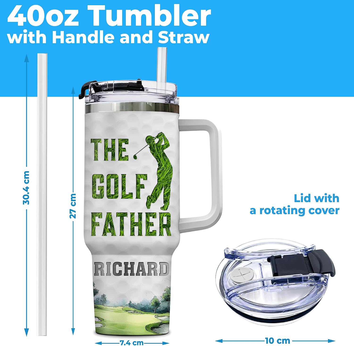 Hyturtle Personalized Golf 40oz Tumbler with Handle and Straw Gifts for Men, Father's Day Birthday Gifts Idea for Him Dad Husband, Cool Golfers Gift, Custom Name Stainless Steel Travel Cup With Lid
