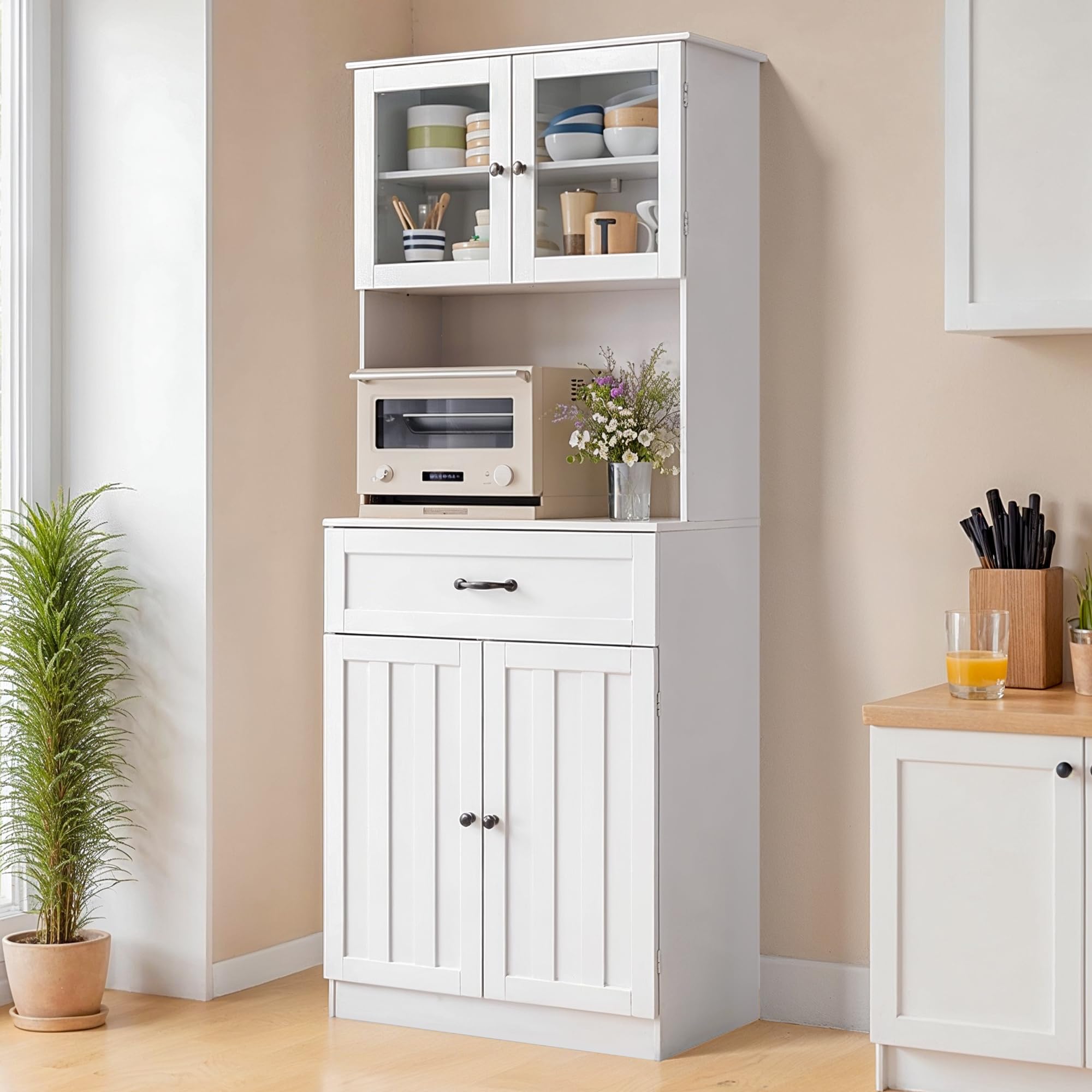 Credenza Cucina Alta,Mobile Dispensa Cucina,Armadio Buffet con 4 Ante e 1 Cassetti,con Ripiani Regolabili Scaffale per Microonde,73 x 40 x 180CM, Bianco