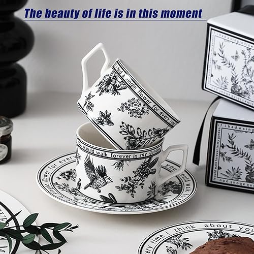 Miniatura 6 de Juego de taza de café y platillo de cerámica, diseño floral vintage, perfecto para los amantes del café, té o café, caja de regalo para el hogar, la