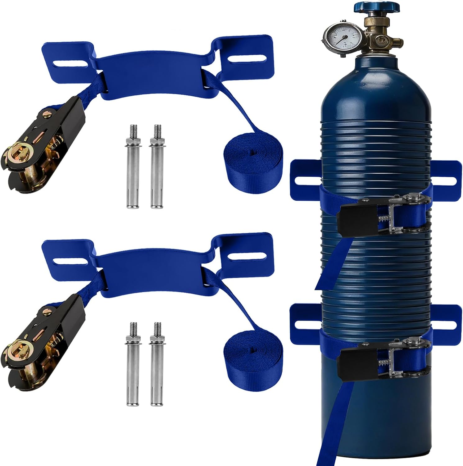 2PCS Propane Tank Holder & Mount， Secure Ratchet Strap Design， Steel Wall-Mounted Bracket for Oxygen, Nitrogen, & Expansion Tanks， for mounting Various Gas cylinders (Blue)