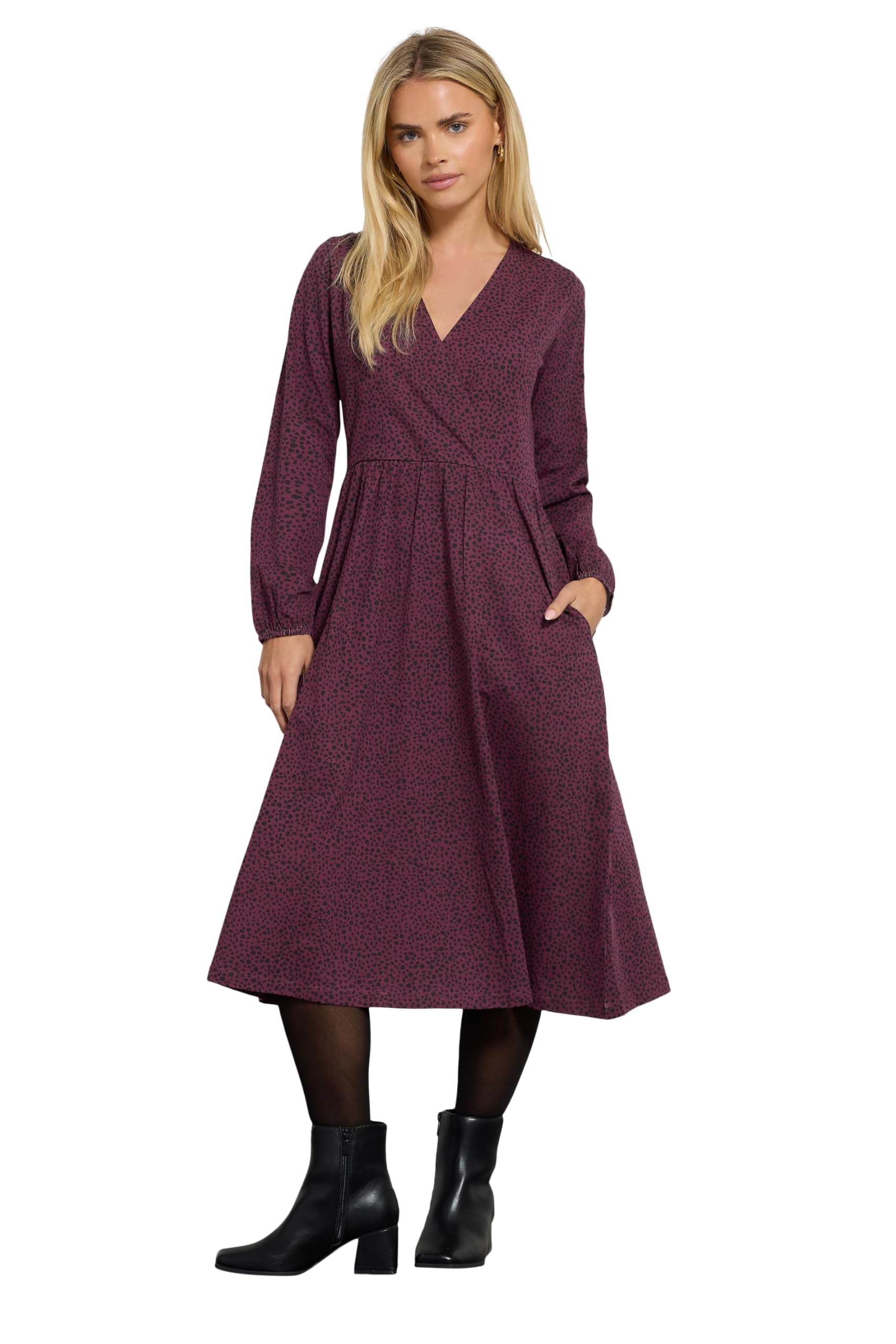 M&Co Women's Purple Petite Berry Animal Print Wrap Dress