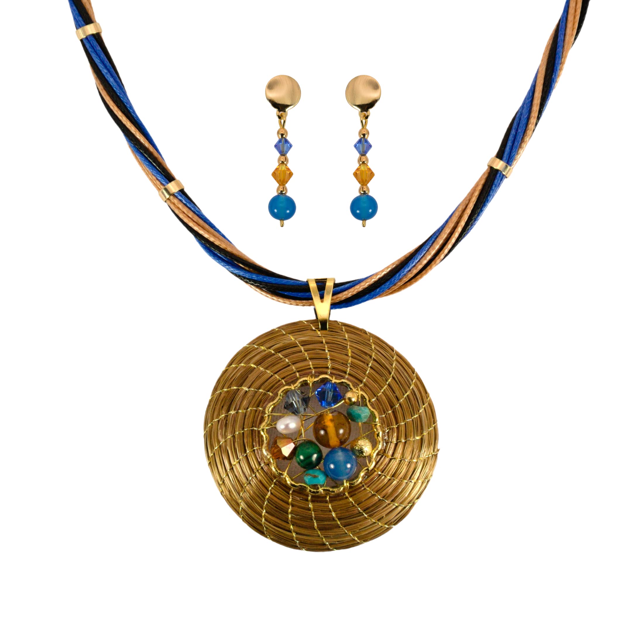 Vera Navarro HandmadeVERA NAVARRO - Conjunto Collar Dorado Mandala 45 mm en Oro Vegetal con Piedras, Cristales Swarovski y Pendientes - Hecho a Mano 100% (Variante Azul)