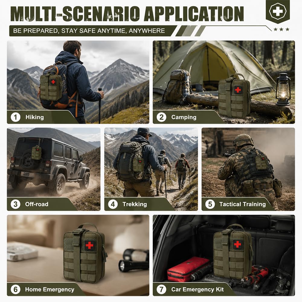 Kit Pronto Soccorso Militare, 61 Pezzi Kit di Primo Soccorso per Esterni per Campeggio, Escursioni, Casa Borsa di Pronto Soccorso Trauma First Aid Kit per Campeggio, Escursionismo e Uso Domestico