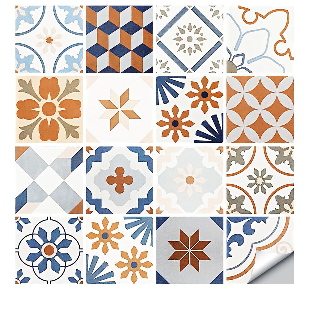 LMYSXAOZ 16 PCS Tile Stickers Stick on Tiles, Self Adhesive Wall Tiles for Bathroom Kitchen, Oil Proof DIY Peel and Floor Flower Brick (30x30cm,Orange Flower)