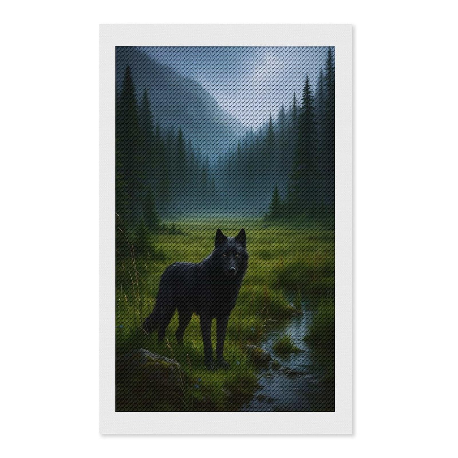 Junmoney Black Wolf in Misty Forest Full Drill Diamond Painting Kit 12"x20", Sparkling Round Gems, Decorate Your Room, Mindful Craft Activity