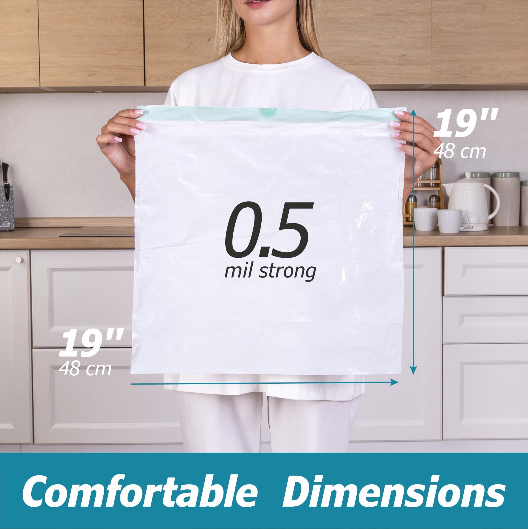 Bolsas de basura con cordón de 4 galones – 0.5 mil de fuerza – Bolsas de basura pequeñas – para oficina, baño, cocina – Individual, sin perfume, blanco, 19 x 19 pulgadas, 60 unidades