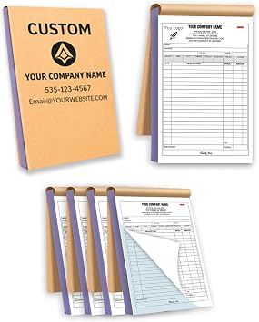 Custom Carbonless Invoice Book with Logo, Personalized Cover & Inner Pages, 2 Part NCR Receipt & Work Order Forms, Easy Tear, Writing Shield for Small Business 2-Part [White/Blue], 8.3 x 5.5INCH