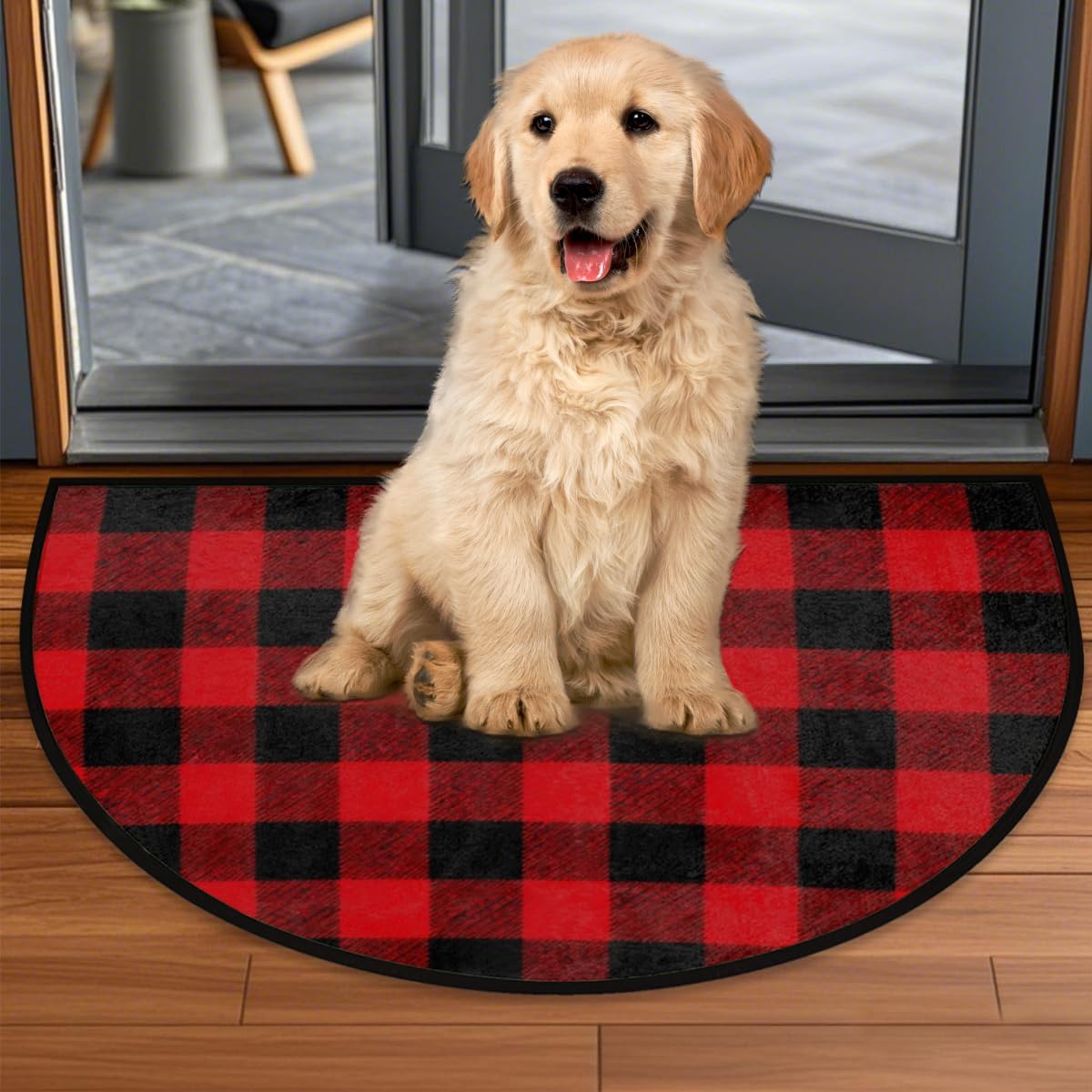 Half Round Door Mat - Indoor Outdoor Christmas Plaid Half Circle Rug for Entryway, Bathroom, Kitchen - Washable Non-Slip Half Moon Mat with Boho Floral Vintage Design - Small Floor Mat
