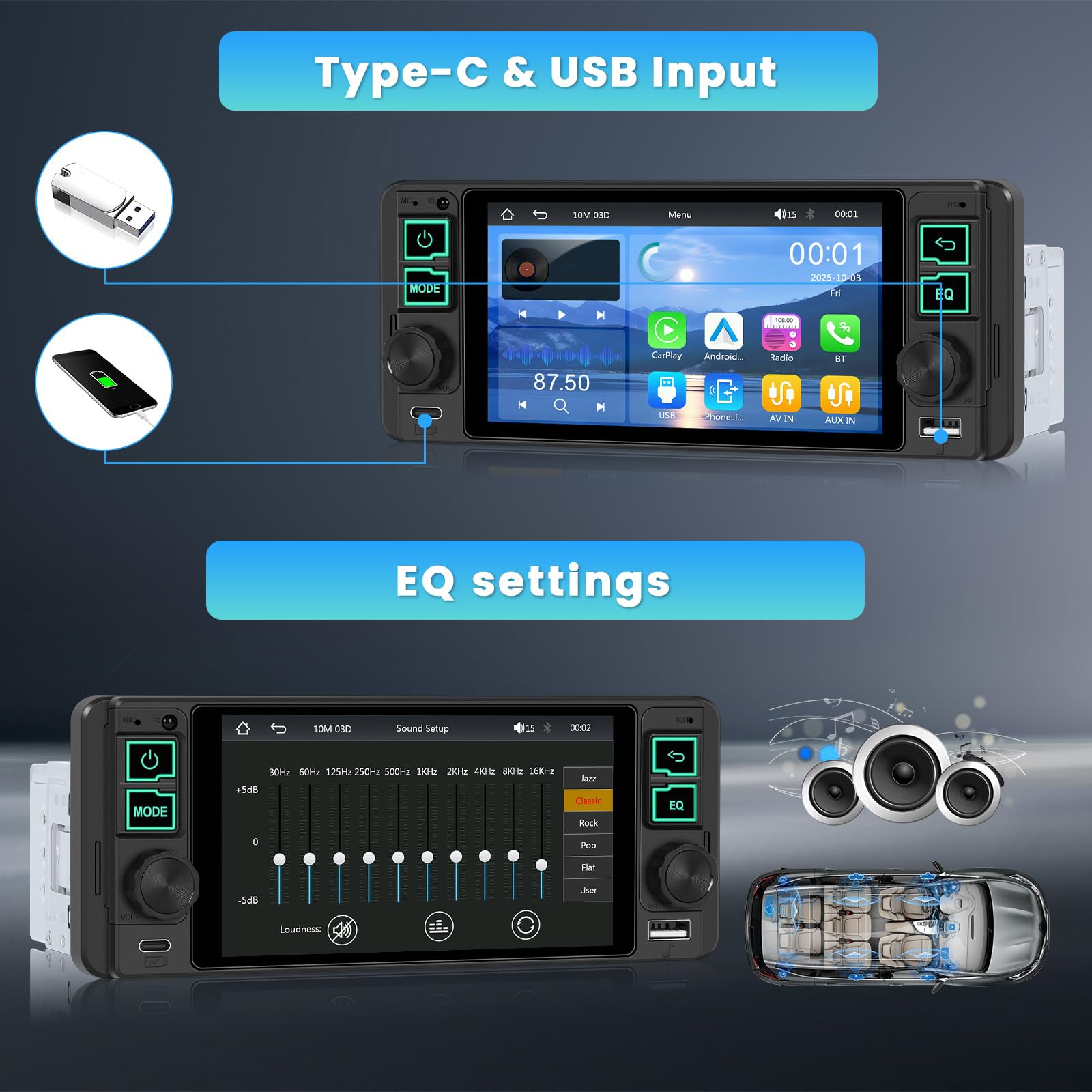 Inefala Radio samochodowe 1 DIN z 5,1-calowym ekranem, bezprzewodowy Carplay, Android Auto, Bluetooth, Mirror Link, radio FM, USB Type-C, tylna kamera, mikrofon