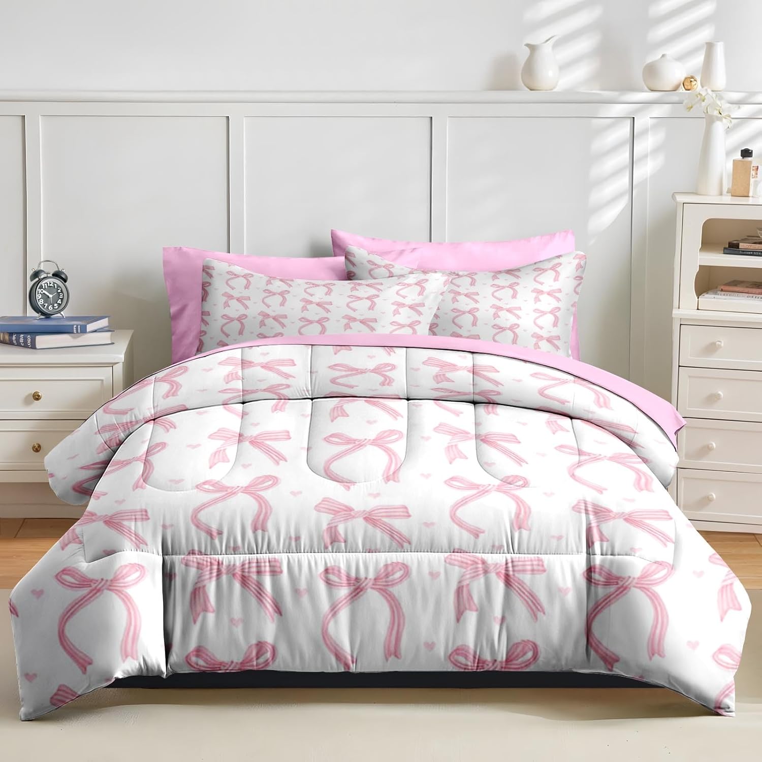 Nesker 7 Pcs Comforter Set Queen Size, Pink Bow Love Bedding Set for Kids and Adults, Pretty Trendy Girly Bed Sheet Sets with Fitted Sheet 2 Pillowcases & 2 Shams