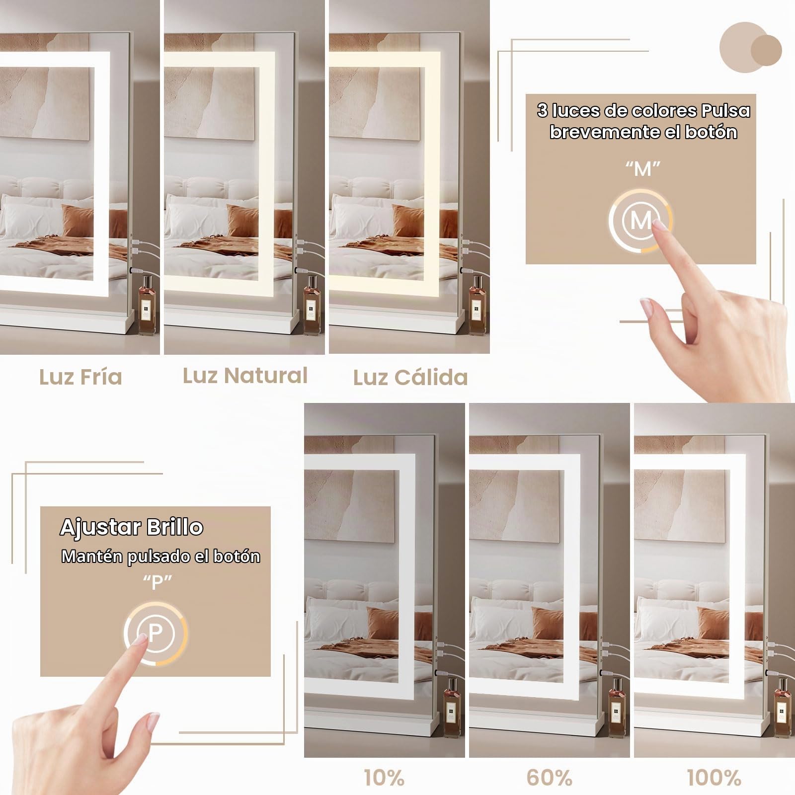Espejo de Maquillaje con Luz LED 80x58cm - 3 Colores, Brillo Ajustable, Toque, USB-C, con Espejo de Aumento 10X, Pared/Mesa, Blanco