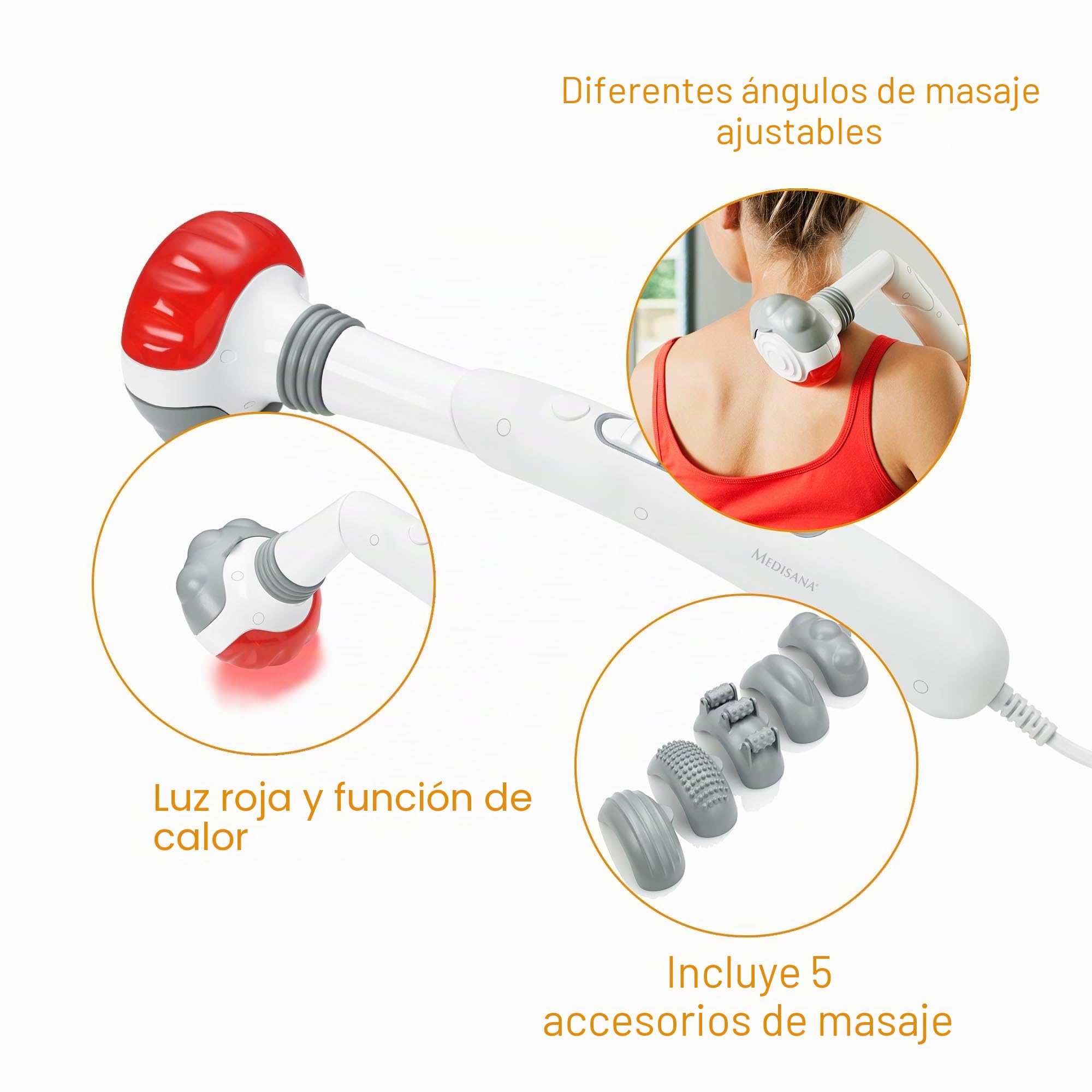 Medisana HM 886 masajeador de mano eléctrico | para espalda, cuello, hombros y piernas, con función de luz roja y función de calor, 2 intensidades, 5 accesorios