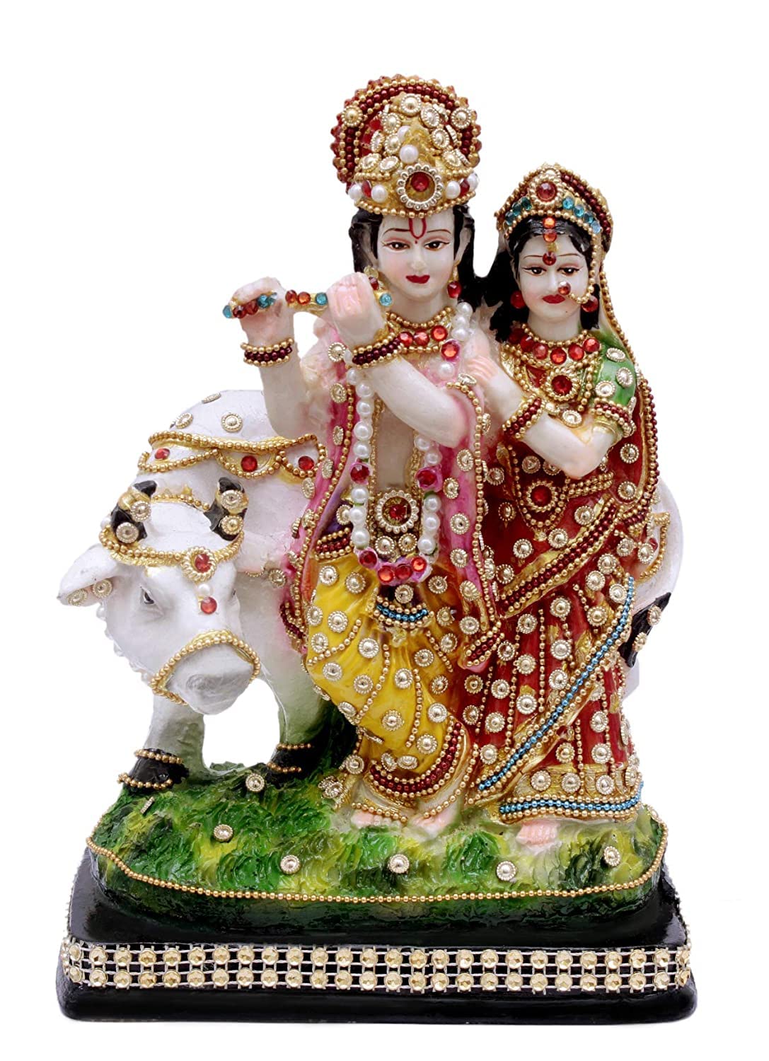 Statue Radha Krishna avec vache de 22cm sculptée en pierre pour l'autel de maison et bureau