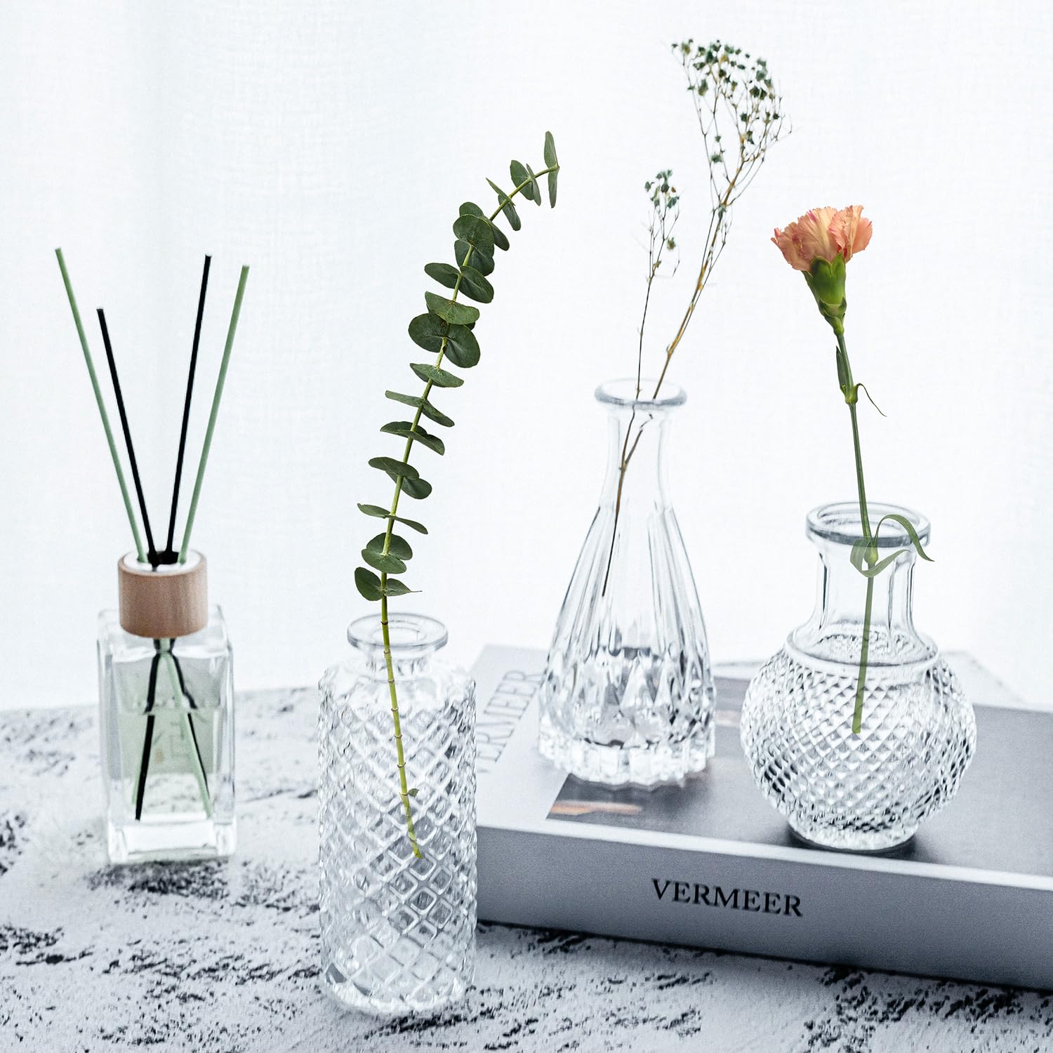Juego de 8 jarrones de cristal para flores, pequeños jarrones a granel, jarrones vintage transparentes para centros de mesa, jarrones de cristal en relieve modernos para bodas, hogar, oficina