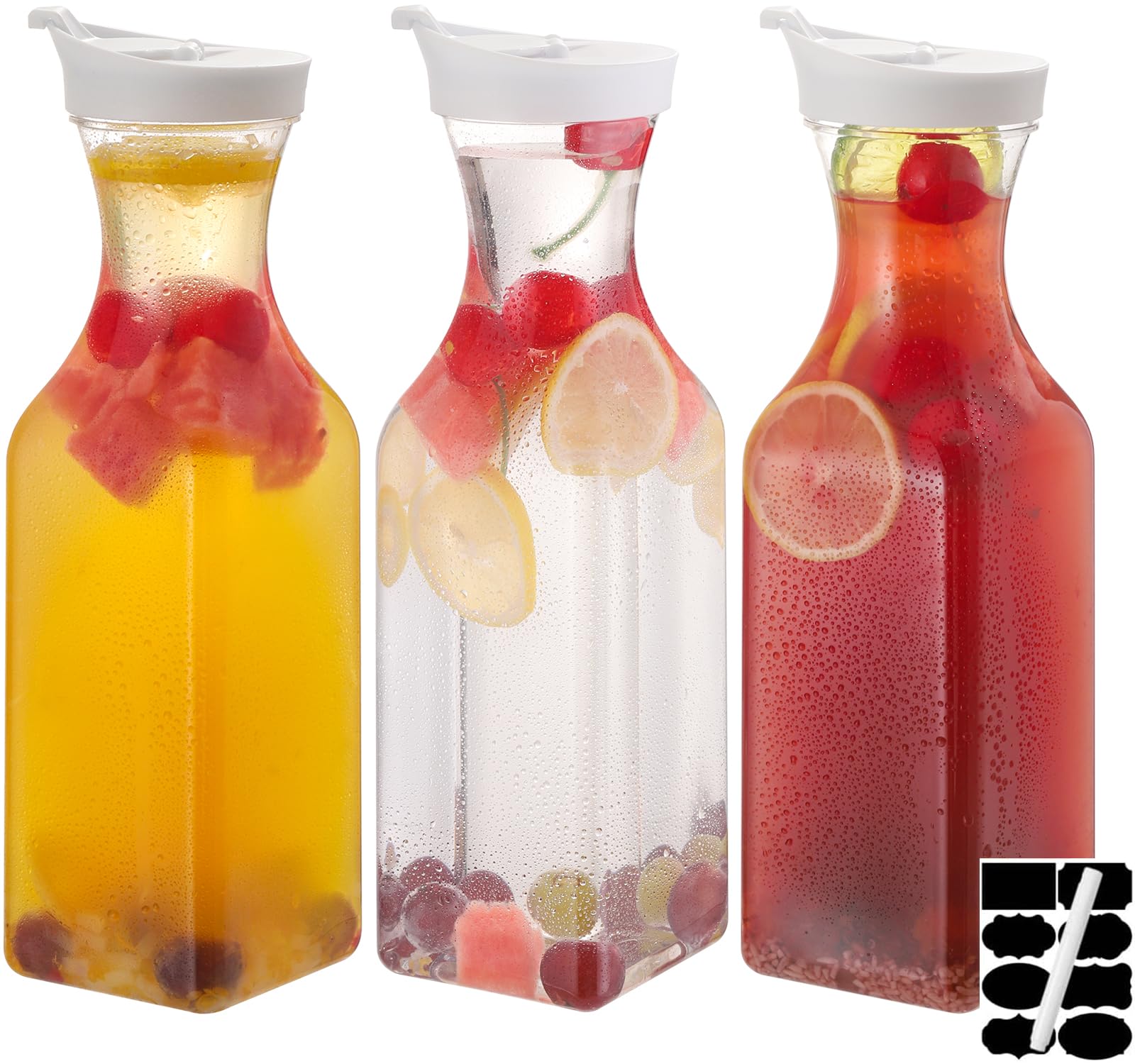 ASANMEYO 3 Pcs 32 Oz Plastic Water Carafe Pitcher with Flip Top Lid, Square Base Juice Containers, Mimosa Bar Supplies Pitcher for Drinks, Water, Tea,