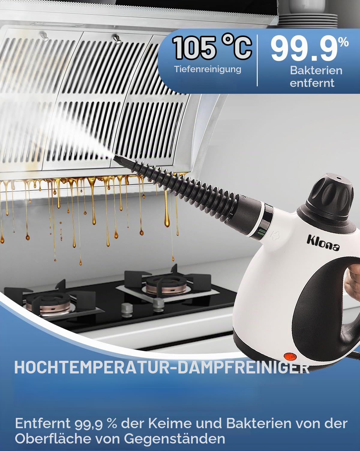 KLONA Dampfreiniger Handgerät, Steam Cleaner mit 10 Zubehör | für Teppiche, Fliesen, Sofas, Bad, Küche | Schmutz Bakterien Fett | 3 Min Schnellheizung | Dampfdruck: 3.2 bar | chemiefrei