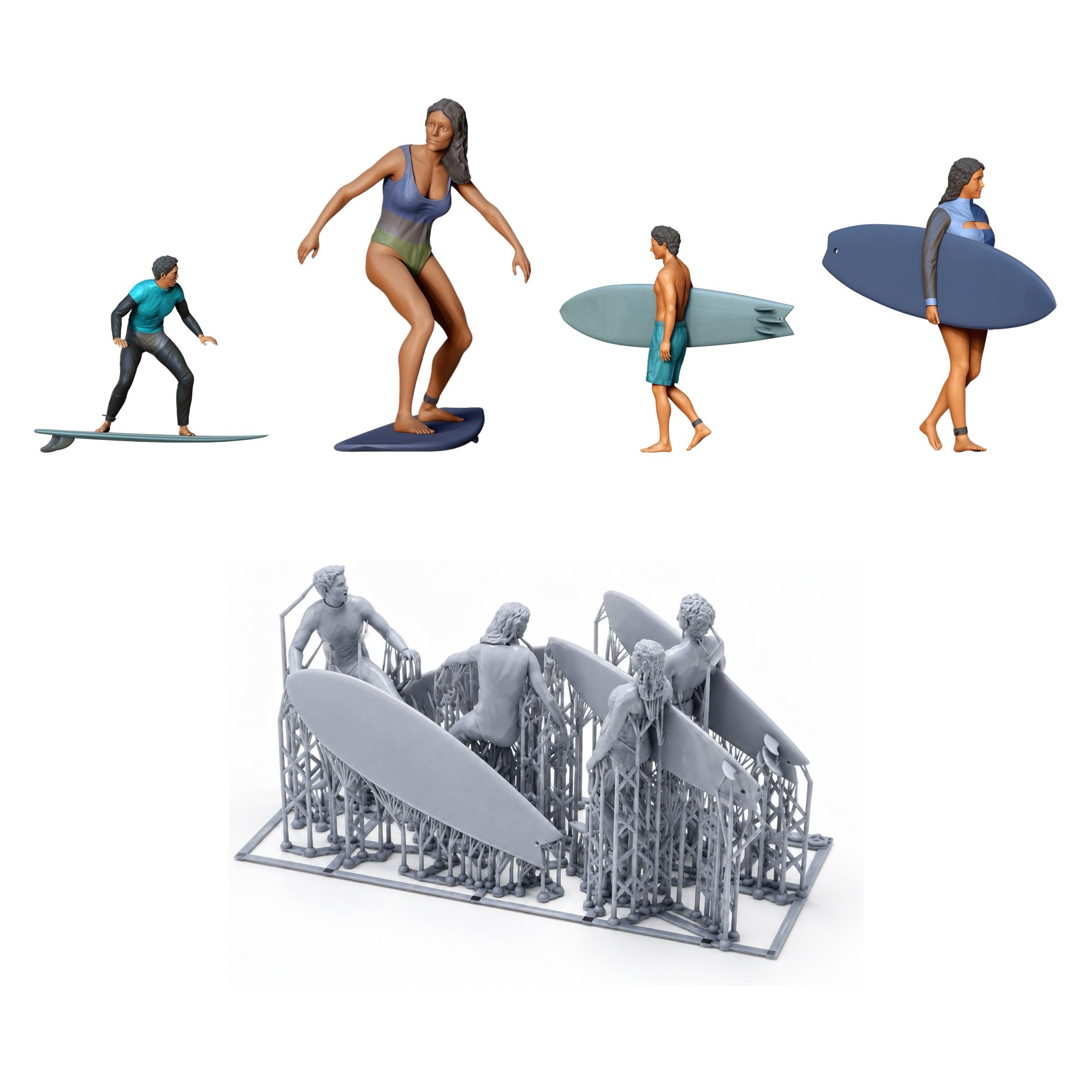Generisch 3drifter-Miniatures Surfer 1:18 (ca. 10,3 cm) – 4 Miniatur-Figuren unbemalt – Diorama & Modellbau