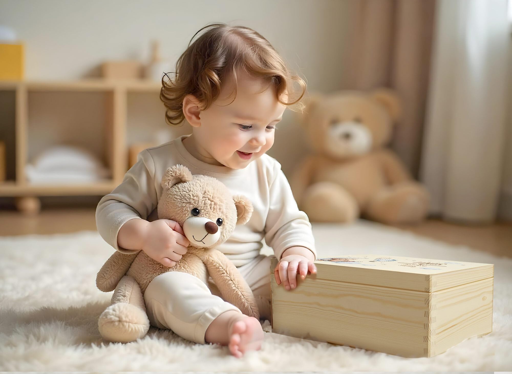 Little Deco Personalisierte Erinnerungsbox Baby Holzkiste mit Deckel | L - 40 x 30 x 22 cm | Erinnerungskiste für Jungen, Geschenk zur Geburt, Taufgeschenk mit Bär & Mond XHL1025-02