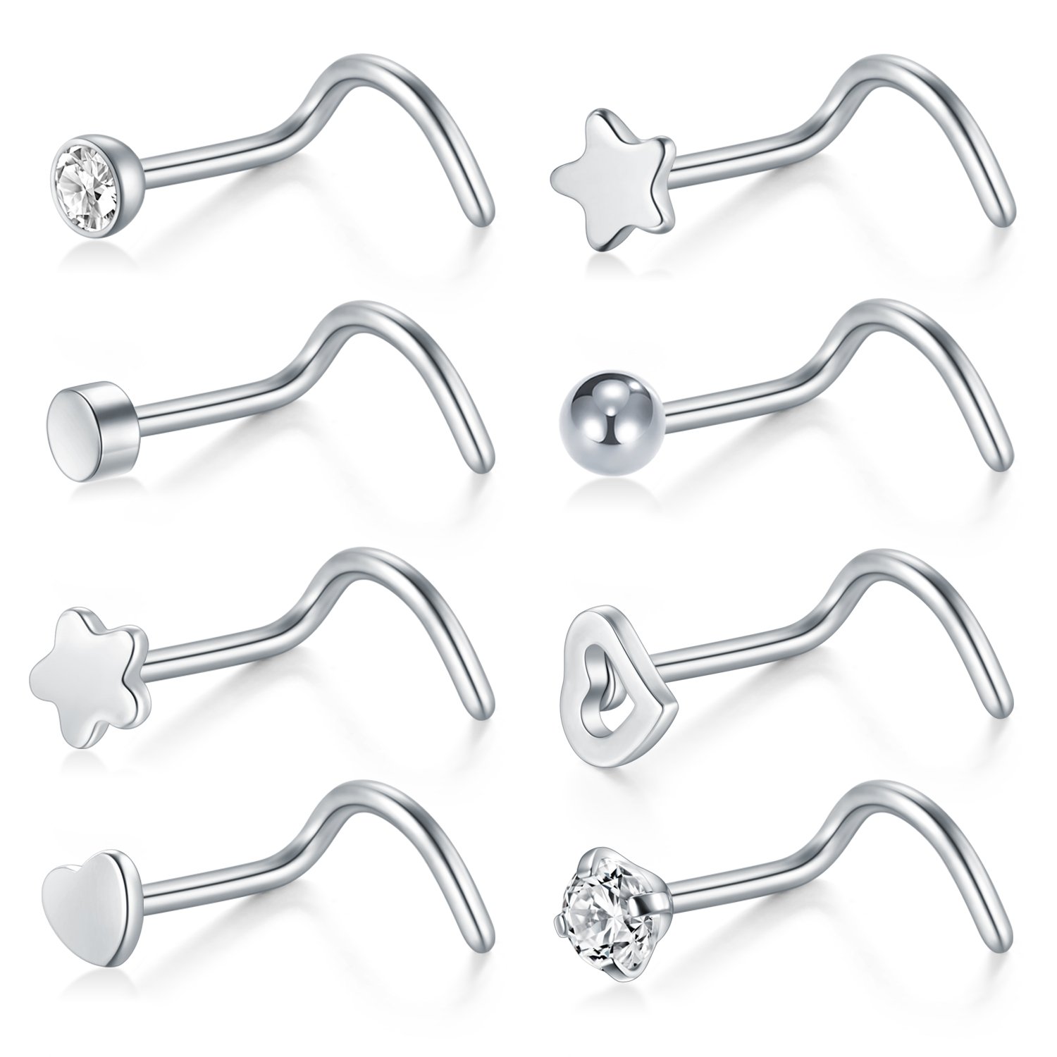 Briana Williams20G 8 Unids Nose Screw Studs Anillo de Acero Inoxidable Zirconia Ball Heart Star Flat Top Nostril Retenedor Joyería Piercing
