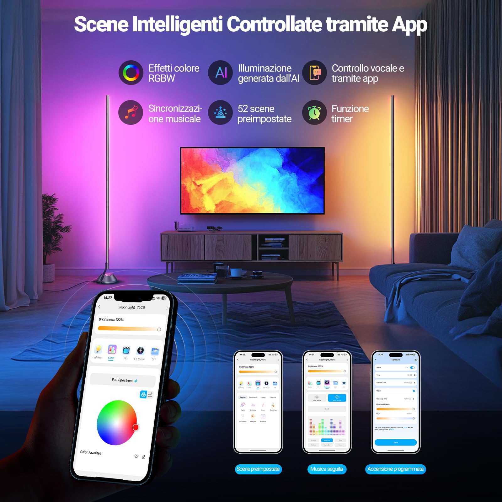NEEWER Lampada Terra Intelligente RGB IC W,1500lm Luce Angolare a LED Compatibile con Google Alexa,Controllo APP/AI DIY/Sync Musicale/16 Milioni Colori, Illuminazione per Camera Letto, Soggiorno,NF01