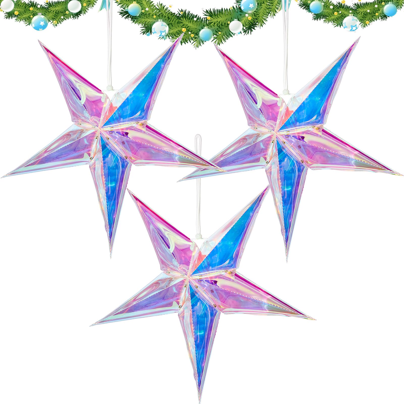 SUNBEAUTY 14 Inch 5 - Pointed Colorful Star Lanterns Christmas Party Decor 3D Hanging PET Stars for Wedding Birthday Showers Home Evening Party Window Decoration