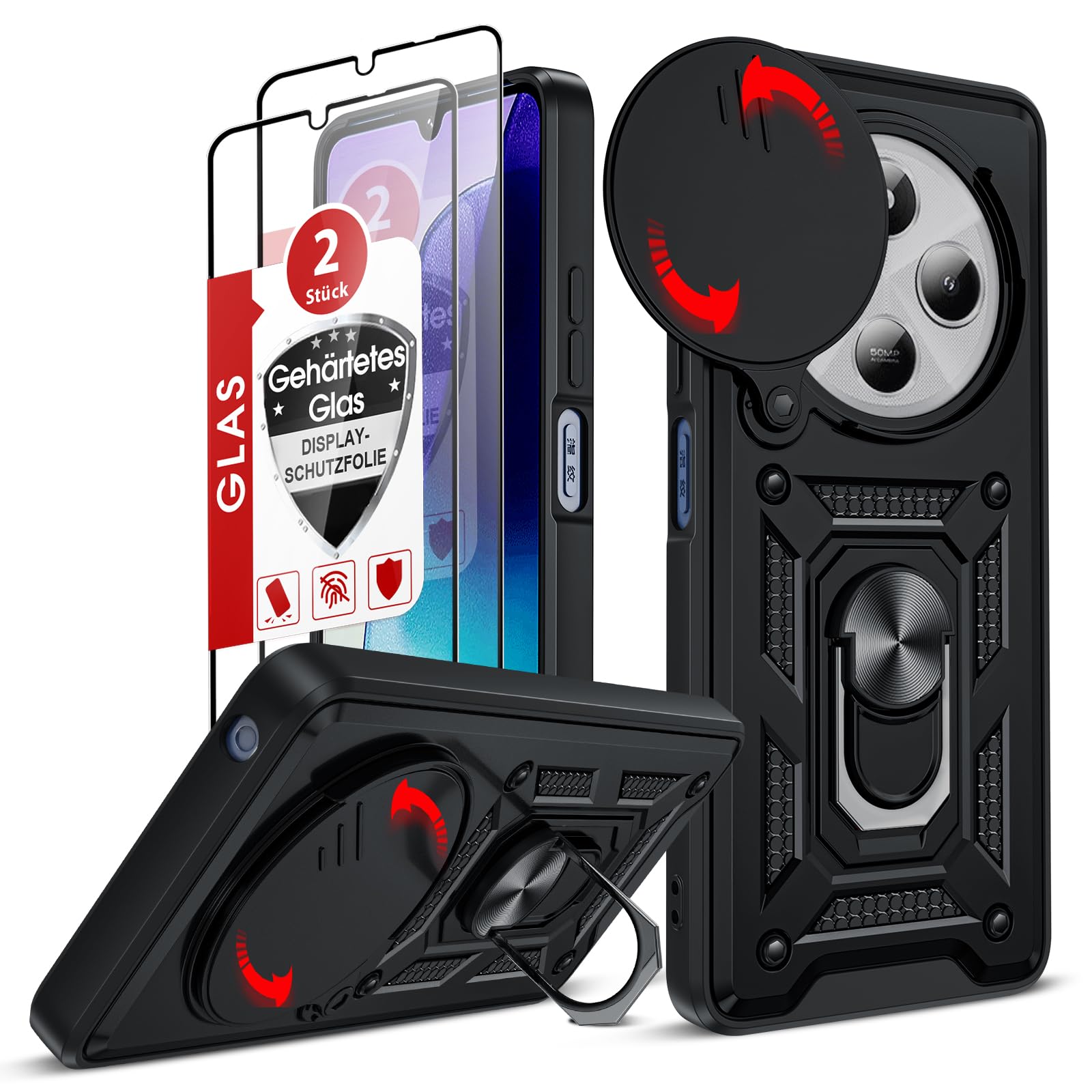 LeYi Etui na telefon komórkowy Xiaomi Redmi 14 C 4G [2 folie ochronne ze szkła hartowanego] ochrona aparatu, hybrydowe etui ochronne, metalowy pierścień, stojak, etui na aparat z przesuwną pokrywą