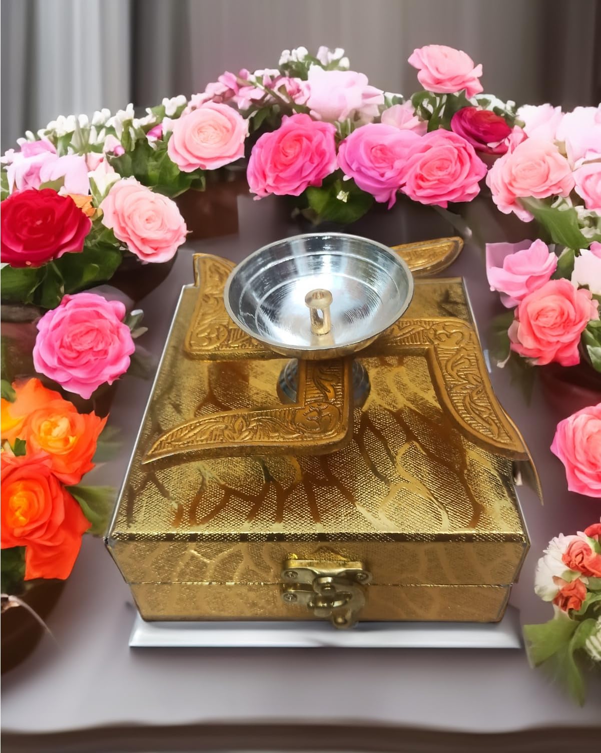 Om ShreeJee Decor Swastik Silver Golden Aluminium Diya with Box Elegant Illumination for Spiritual Spaces, Handcrafted Symbol of Purity and Enlightenment in Hindu Tradition with Golden Velvet Box