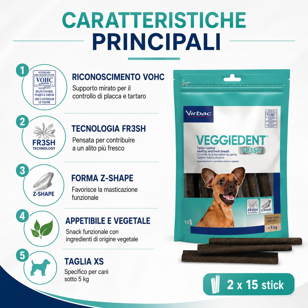 Virbac Veggiedent FR3SH XS 2 Confezioni da 15 Stick Dentali per Cani sotto 5 kg, Snack Vegetale per Igiene Orale, Controllo Placca e Tartaro, Alito Fresco