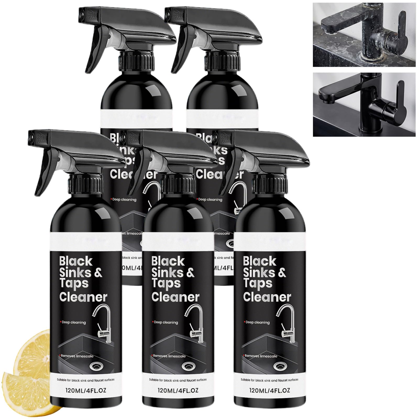 Black Sink Cleaner Spray - Detergente e ripristino per lavelli composite, rimuove calcare, macchie d'acqua e schiuma di sapone, per superfici in granito, quarzo, ceramica e lavello da cucina (5 pezzi)