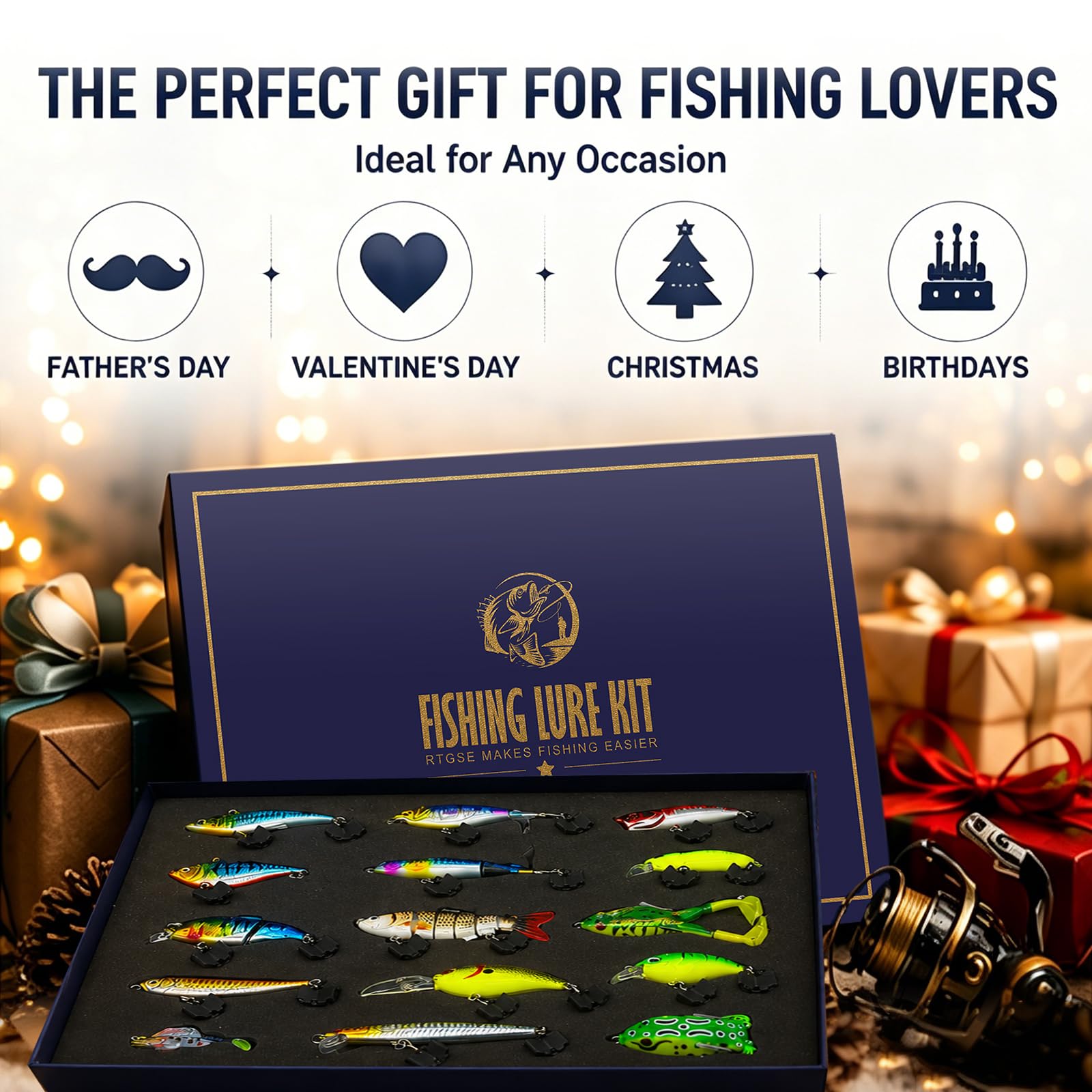 Angel-Geschenk für Männer, 15-teiliges Angelköder-Set für Barsch, Forelle, Hecht, Lachs, Angelköder, Geschenk-Set mit Premium-Geschenk-Box, Süß- und Salzwasser-Angelausrüstung, Geschenke für Männer