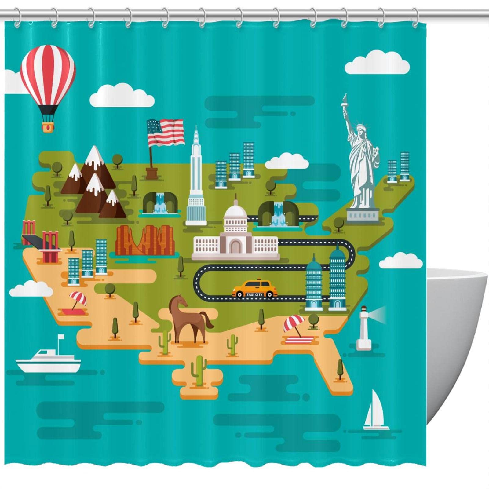 Rideau de douche vert style évasion avec carte des USA pour salle de bain