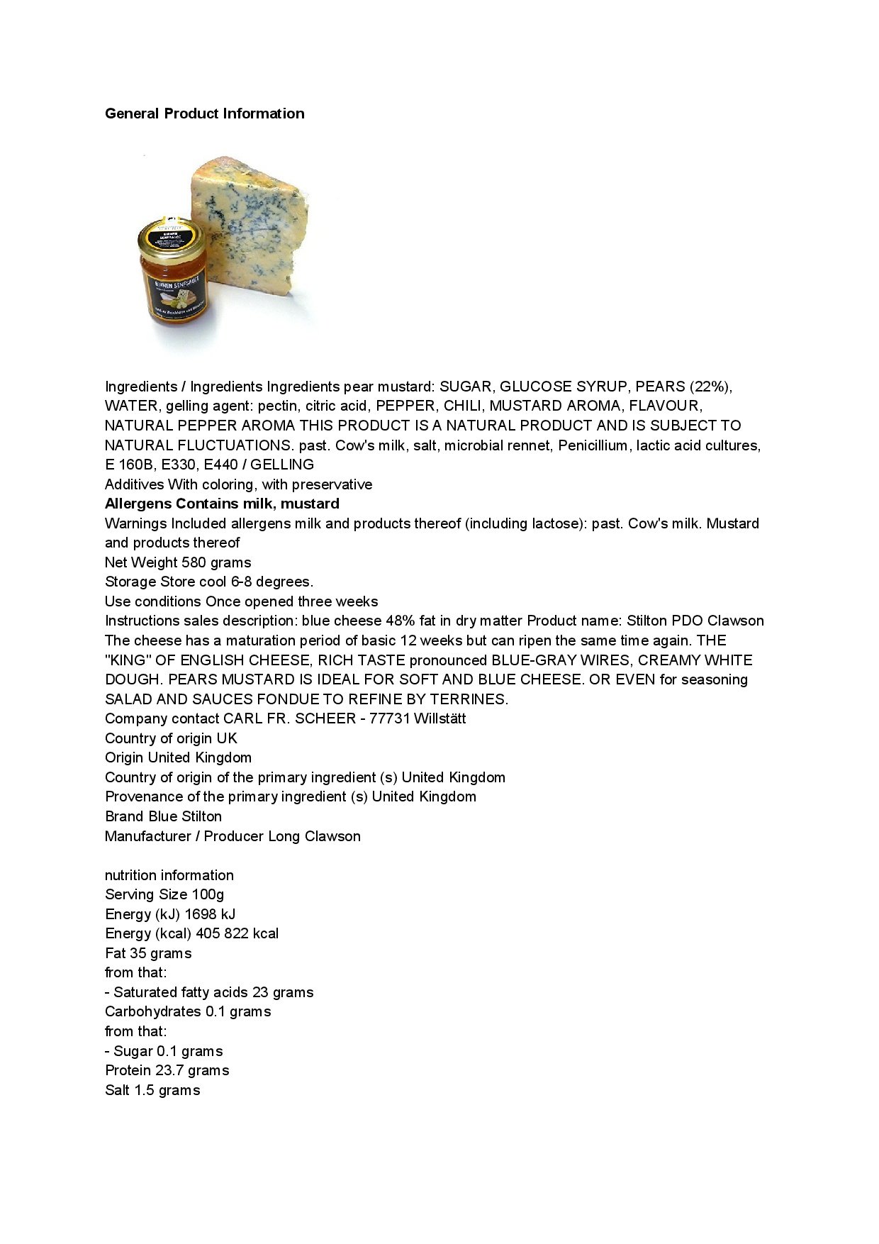 Blue Stilton Cheese Blauschimmelkäse 400g und Birnensenfsauce 180g