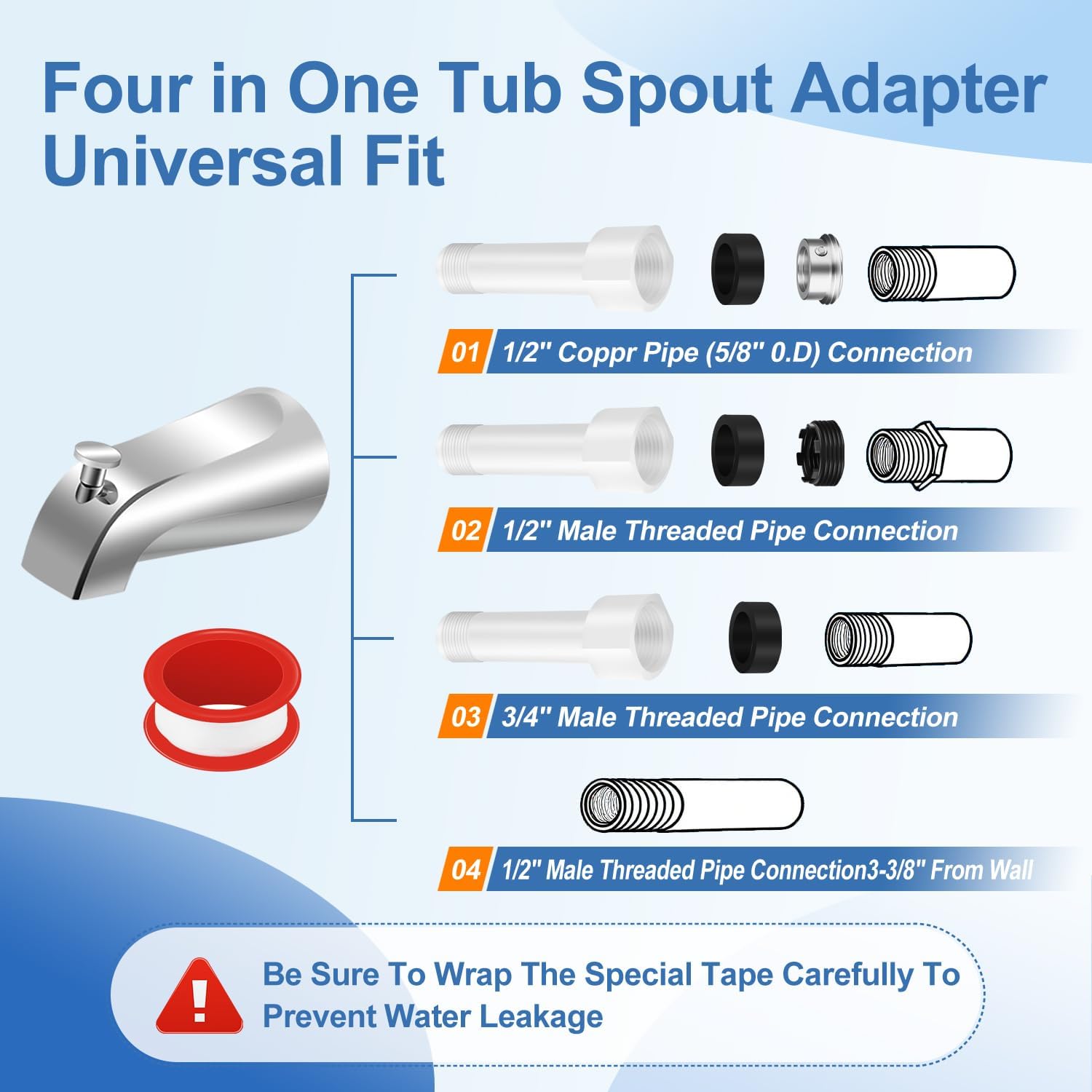 Coolfell Tub Spout Adapter and Diverter Repair Kit, for 3/4" IPS and 1/2" IPS Pipe, 1/2" Copper Pipe, Bathroom Tub Faucet Repair Kit, with Installation Manual