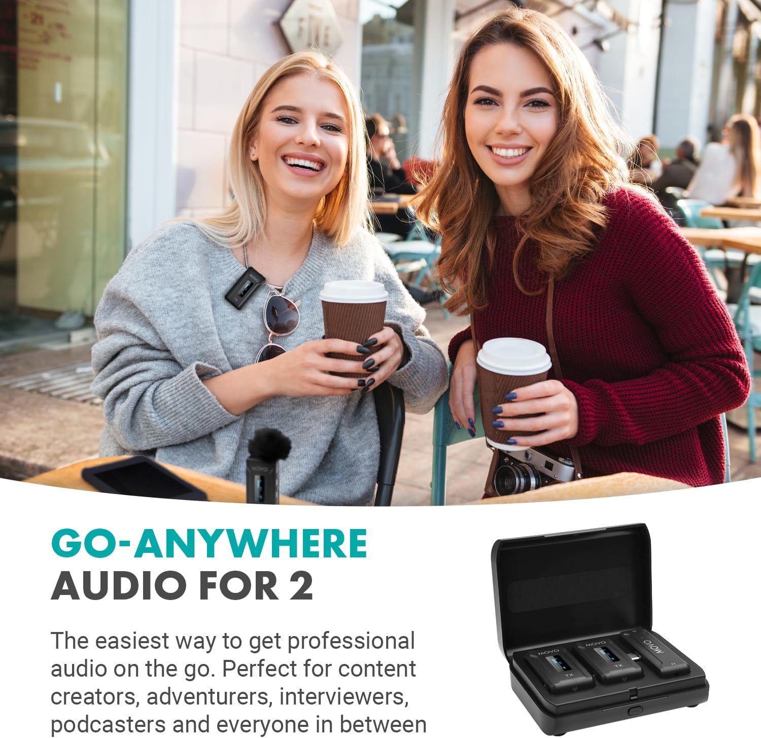 Movo WMX-2-C Wireless Microphone for iPhone 15 with Charging Case - 7HR Battery Wireless Lavalier Microphone for iPhone 15-328' Range USB C Lapel Mic (2 Transmitters)