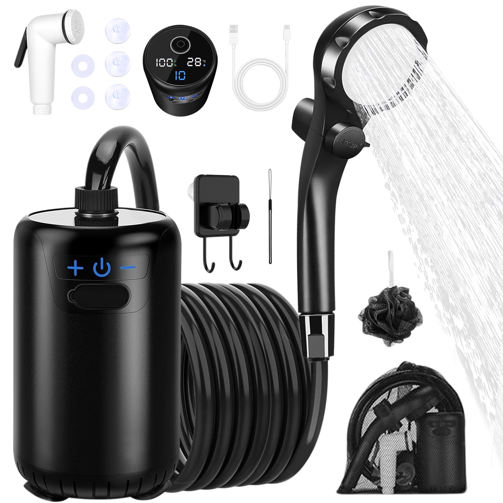 Ducha Portatil Camping, Ducha Portátil con Batería Recargable de 8000mAh y Pantalla LED Inteligente, Ducha de Exterior Impermeable IPX7 para Camping, Jardín, Senderismo, Viajes