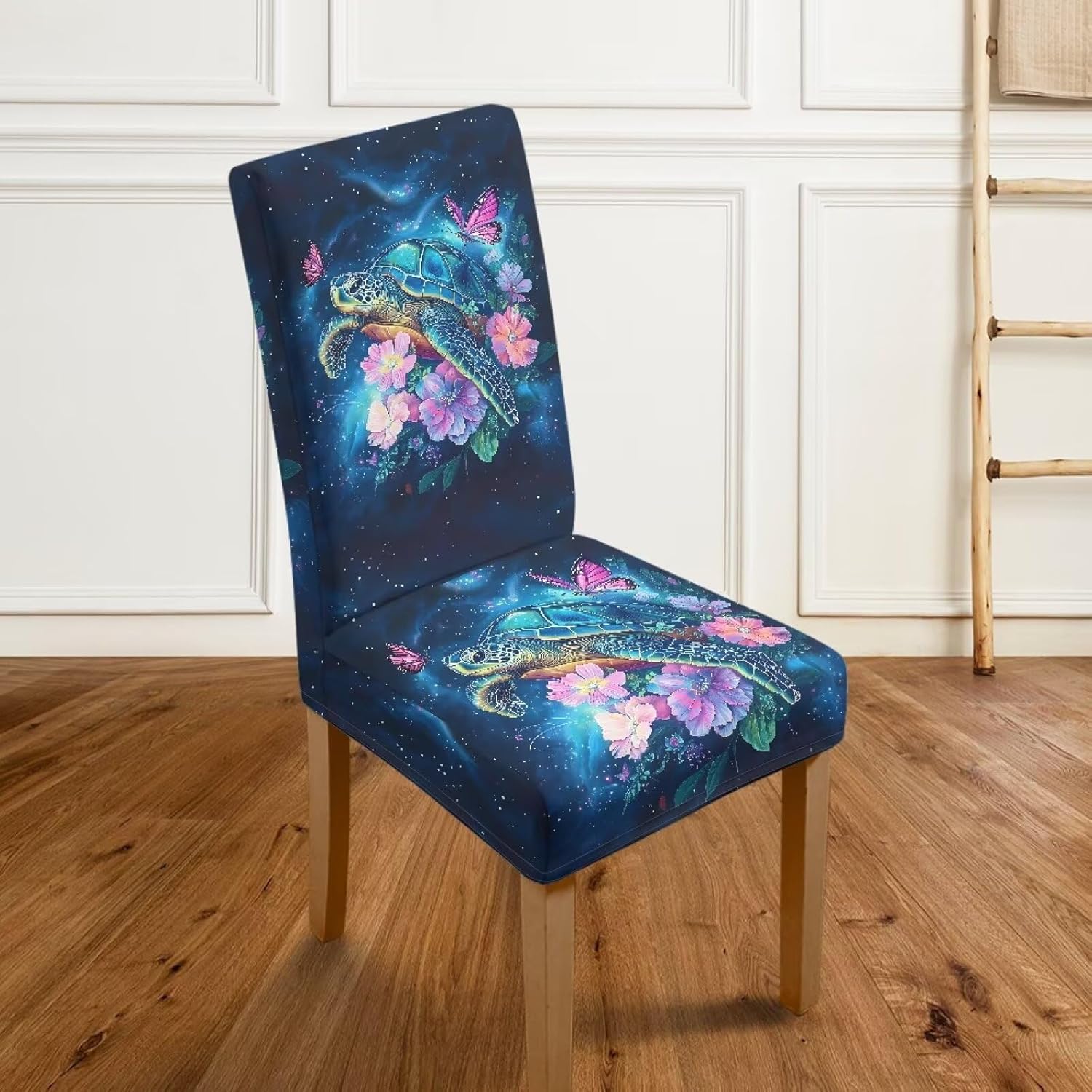 Wanyint Stretch Dining Room Chair Slipcovers Set of 4, Universal Fit Soft Dining Chair Cover Pet Friendly Furniture Protector for Holiday Home Decor, Sea Turtle Flower Butterfly Galaxy