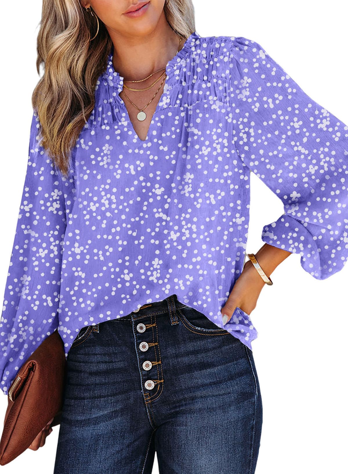 Dokotoo Women's Casual V Neck Alicia Floral Print Smocked Long Sleeve Chiffon Tops Bohemian Top Clothes
