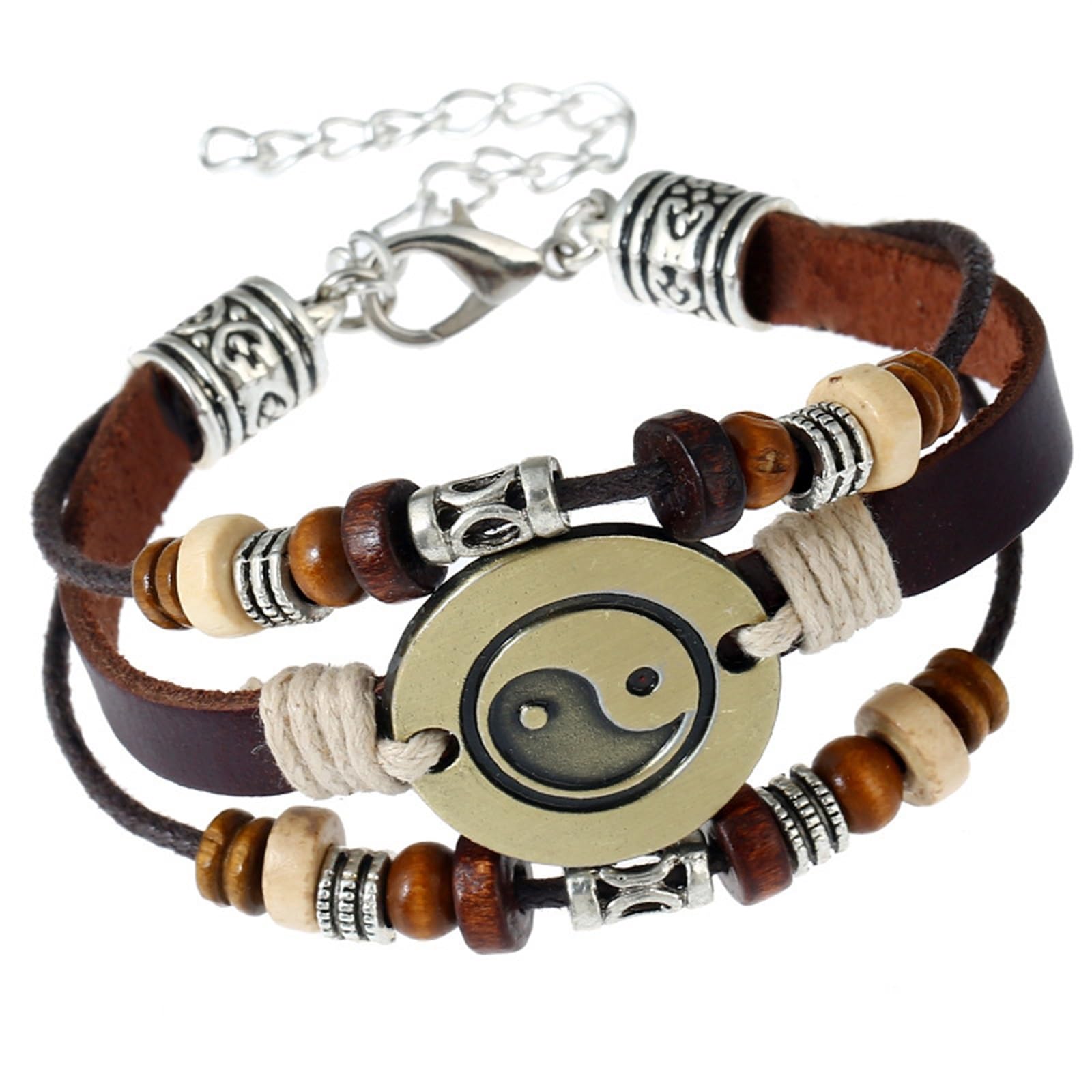 Bracelet en cuir vintage perlé avec symbole Taiji pour un style bohème quotidien