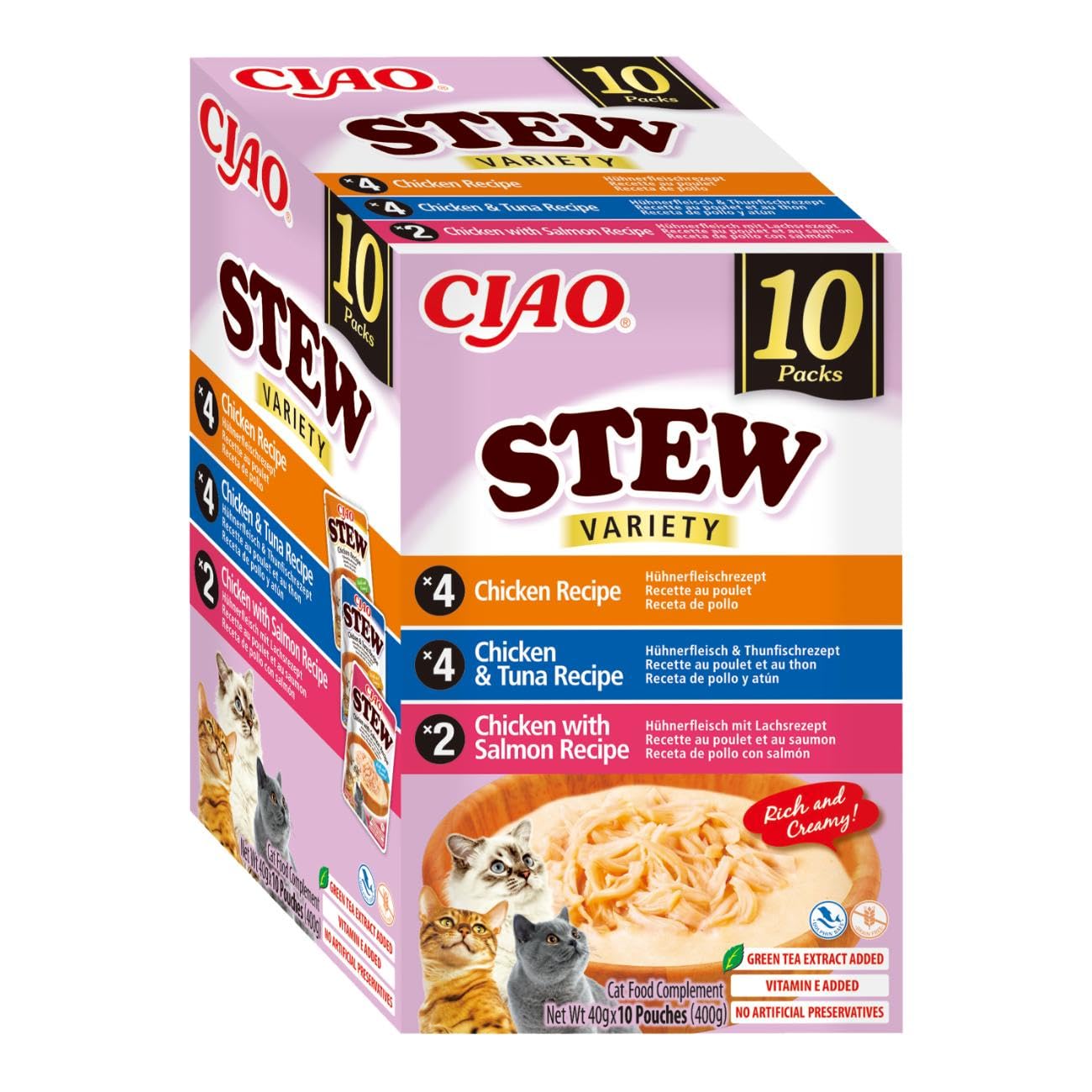 INABA Ciao Stew przysmaki dla kotów z wysokiej jakości składnikami, bogate w wilgoć i białko, niskokaloryczne, bez zbóż i cukru, 40 g (10 sztuk)