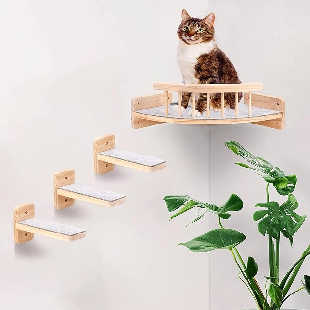 Juego de pared de escalada para gatos con percha de esquina y 3 niveles, esquina para gatos con 3 escalones
